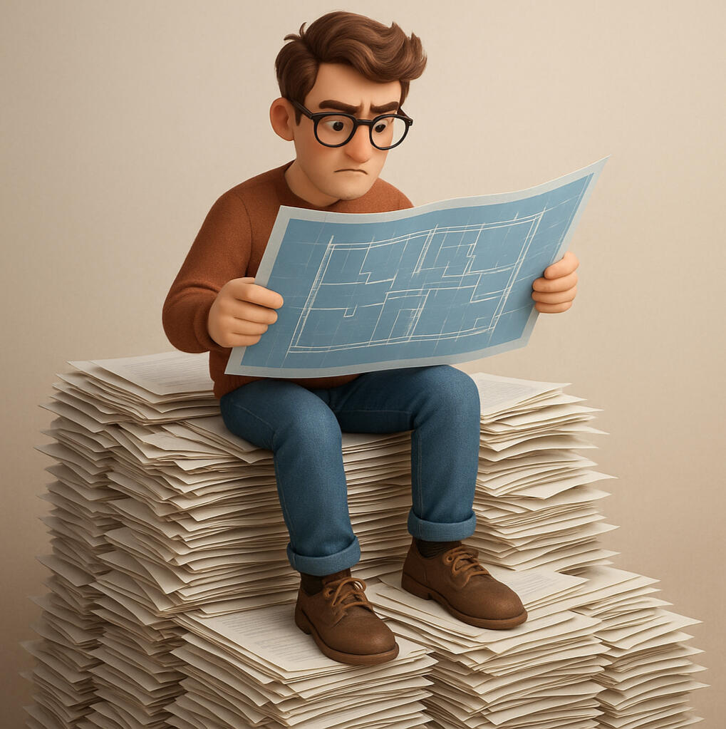 Missing the obvious A man sits on stacks of text-laden papers while looking at an architectural diagram.