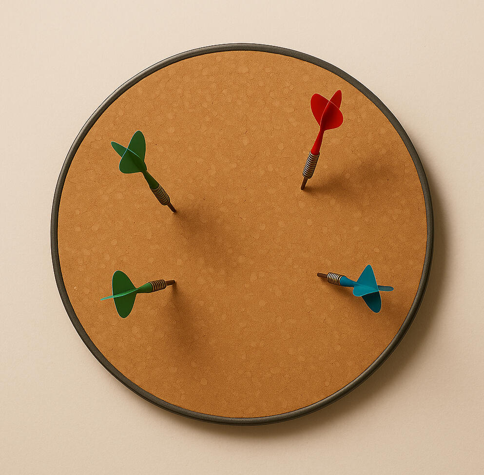 Dartboard with no bullseye Four dots stick in a round corkboard that completely lacks markings.
